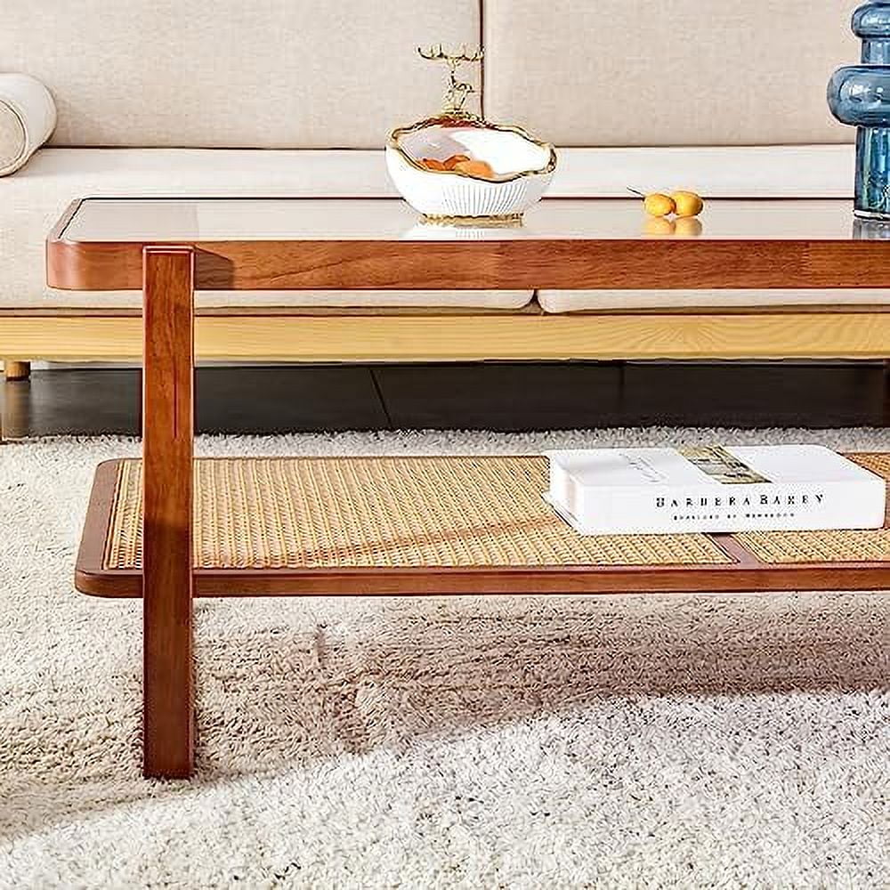 Rattan Woven Glass Desktop Round Double-Layer Solid Wood Coffee Table D9084