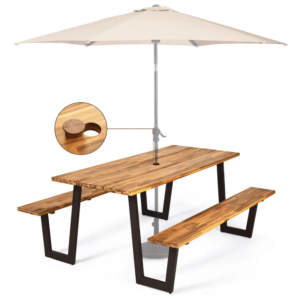 Wooden Picnic Table Bench Set with Umbrella Hole I827120