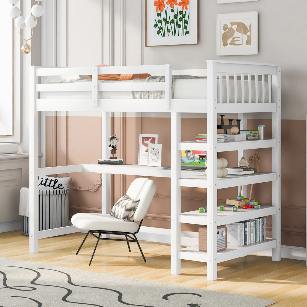 White Twin Size Loft Bed with Storage Shelves and Desk R349476