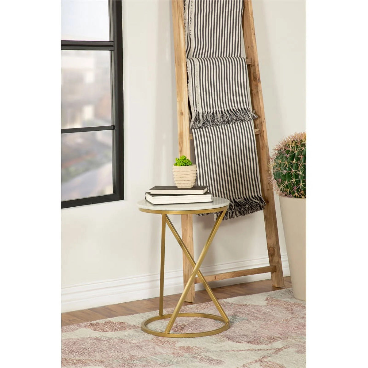 Round Accent Table with Marble Top White and Antique Gold U160140