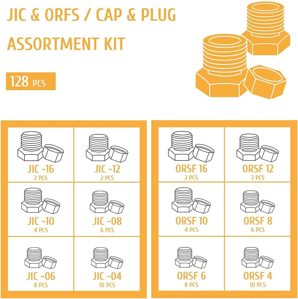 128 PC JIC and ORFS Hydraulic Cap and Plug Fitting Kit Galvanized Steel I7741