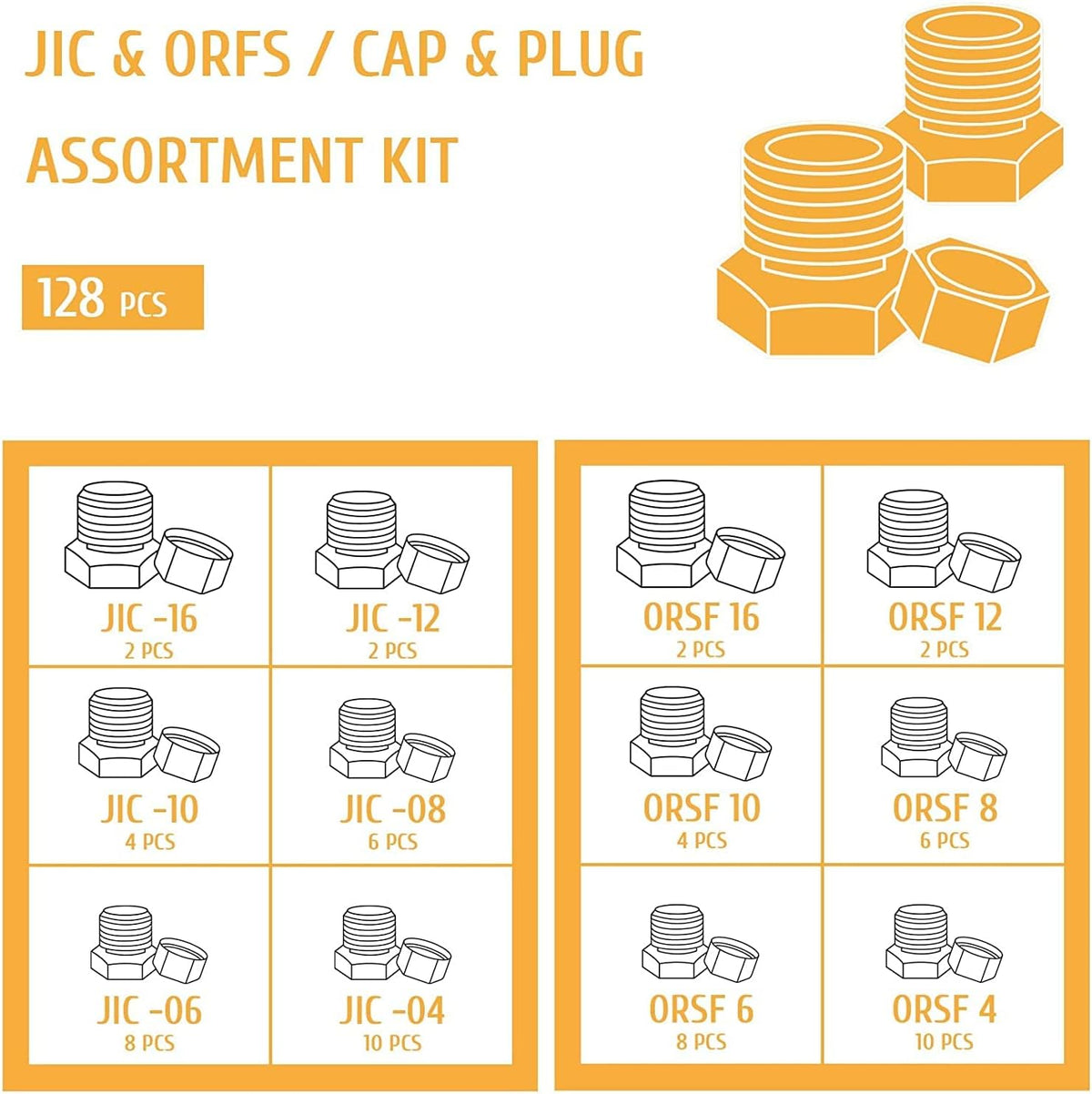 128 PC JIC and ORFS Hydraulic Cap and Plug Fitting Kit Galvanized Steel I7741