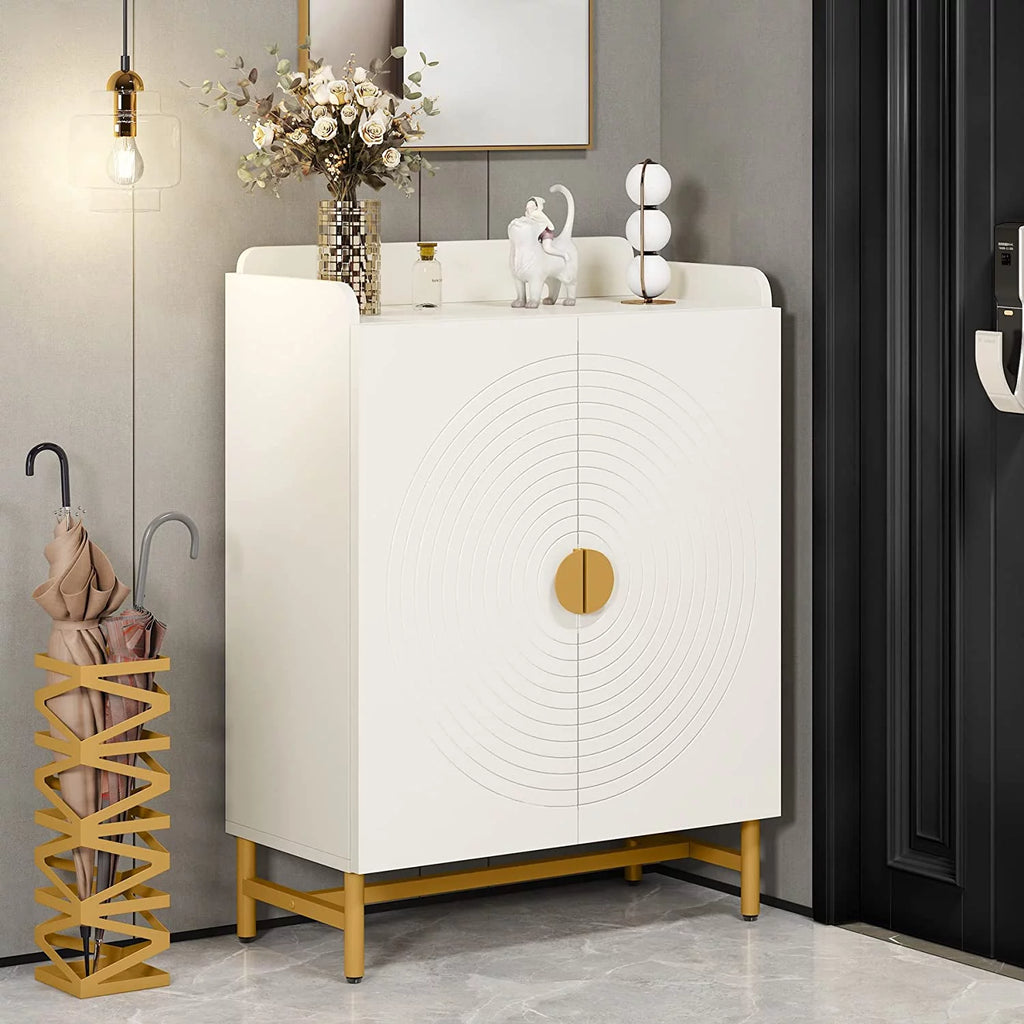 White Wood Shoe Storage Cabinet with Doors and Adjustable Shelves V6435