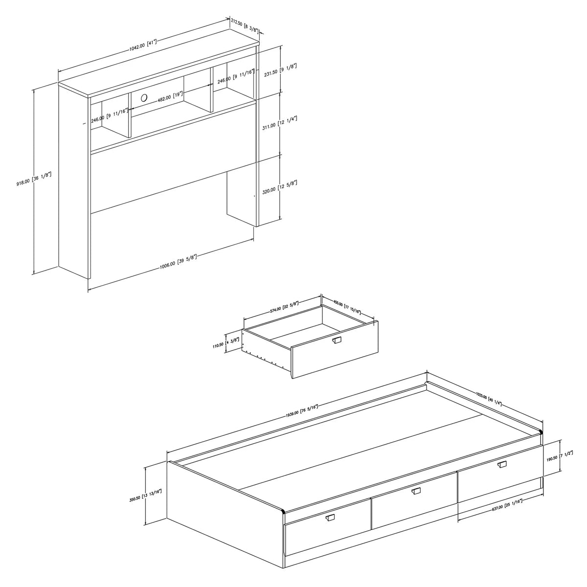 Twin 3 Drawer Storage Bed with Bookcase Headboard C437243