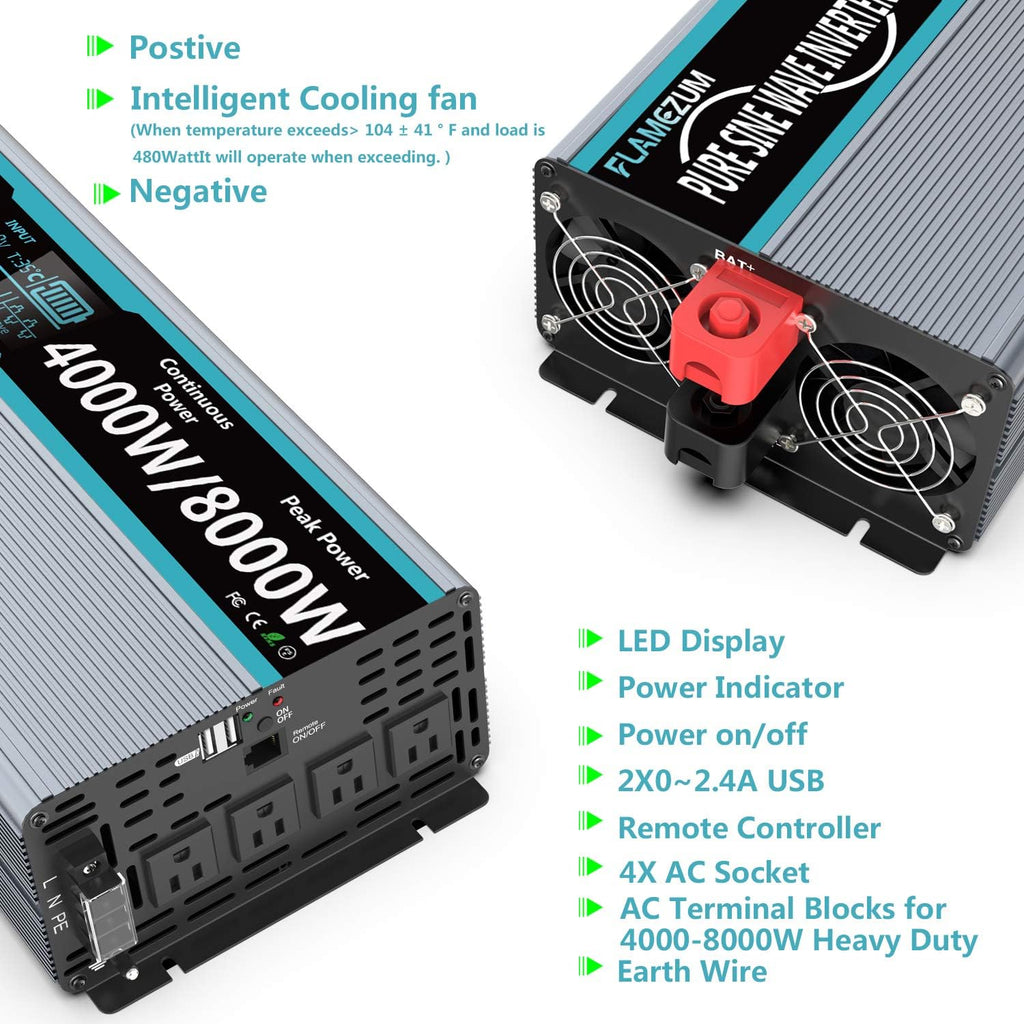 Pure Sine Wave Power Inverter 4000Watt 12V DC to AC 110V with Remote Control 4 AC Outlets Dual USB Port W190378