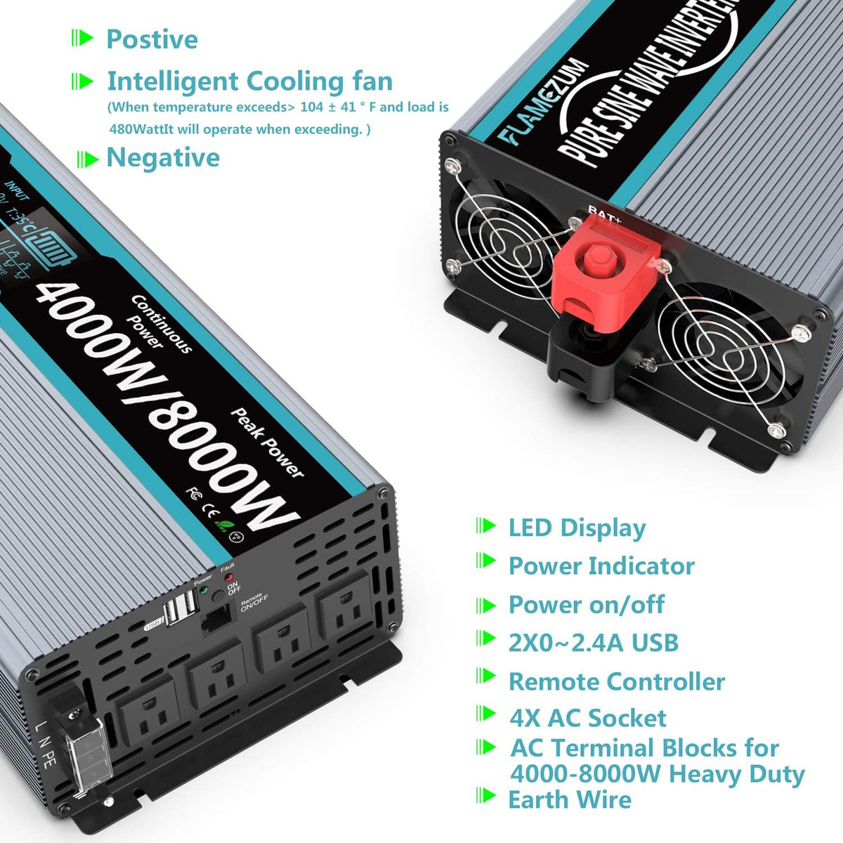 Pure Sine Wave Power Inverter 4000Watt 12V DC to AC 110V with Remote Control 4 AC Outlets Dual USB Port W190378