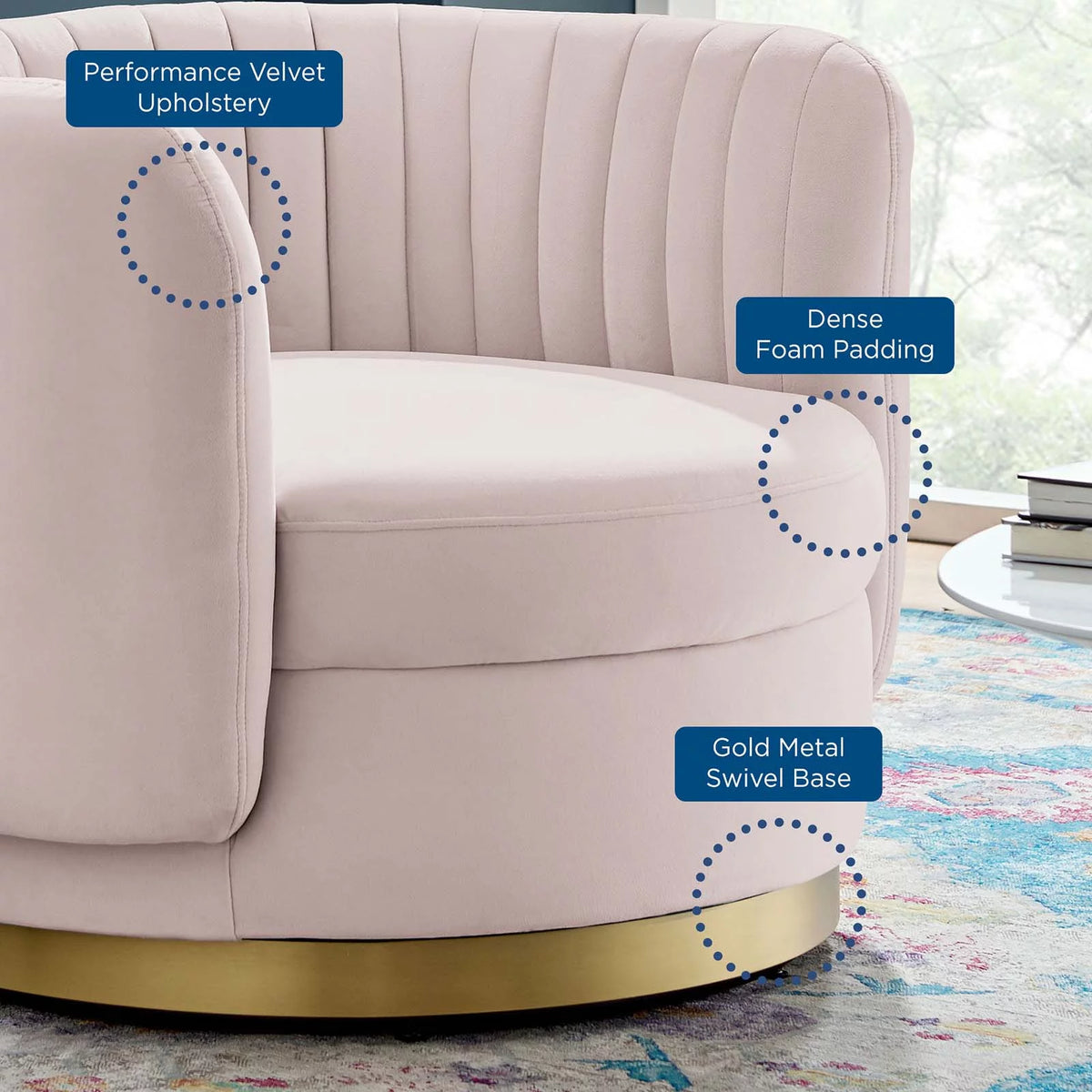 Pink Gold Velvet Tufted Swivel Accent Chair J5712