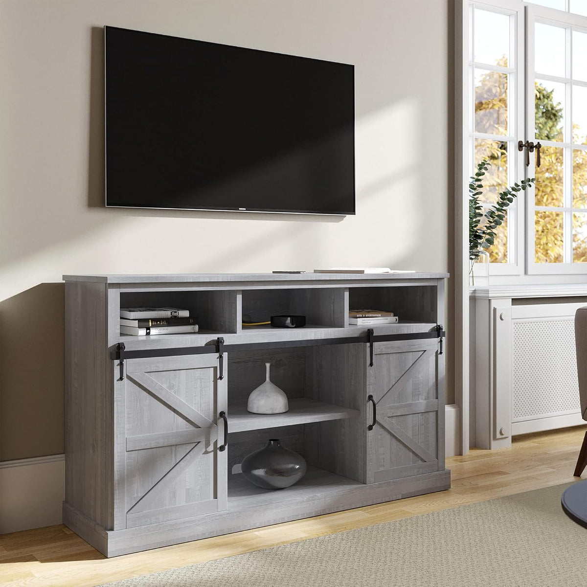 52 Inch TV Stand with Sliding Barn Door and Storage Cabinets U52690
