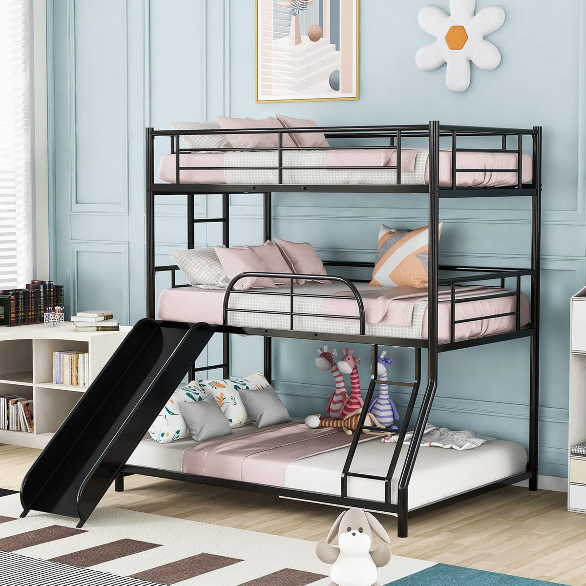 Twin Over Full/Twin Bunk Bed with Staircase Storage Shelves Drawers White G206