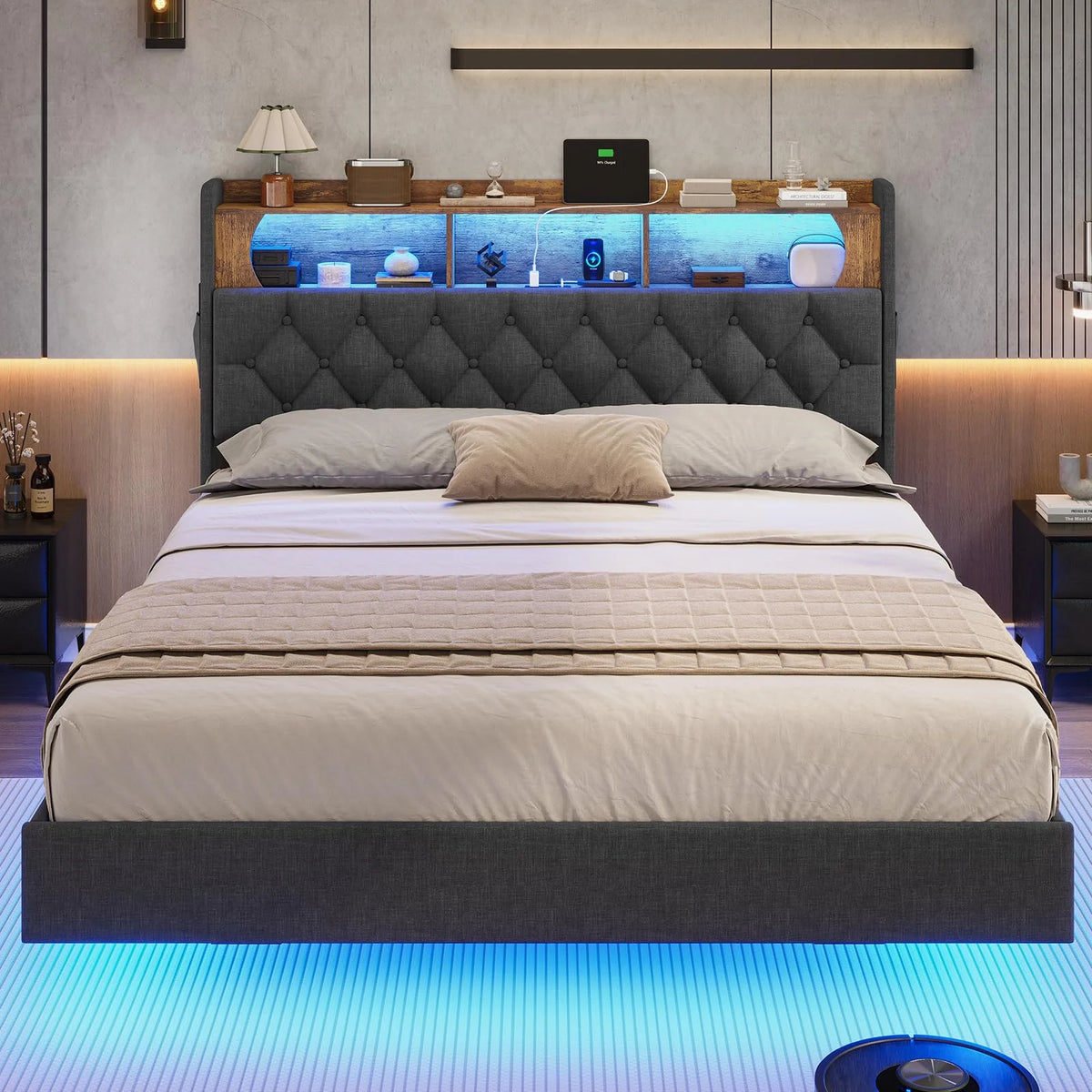 Full Size Floating Bed Frame with Charging Station and LED Lights C83682
