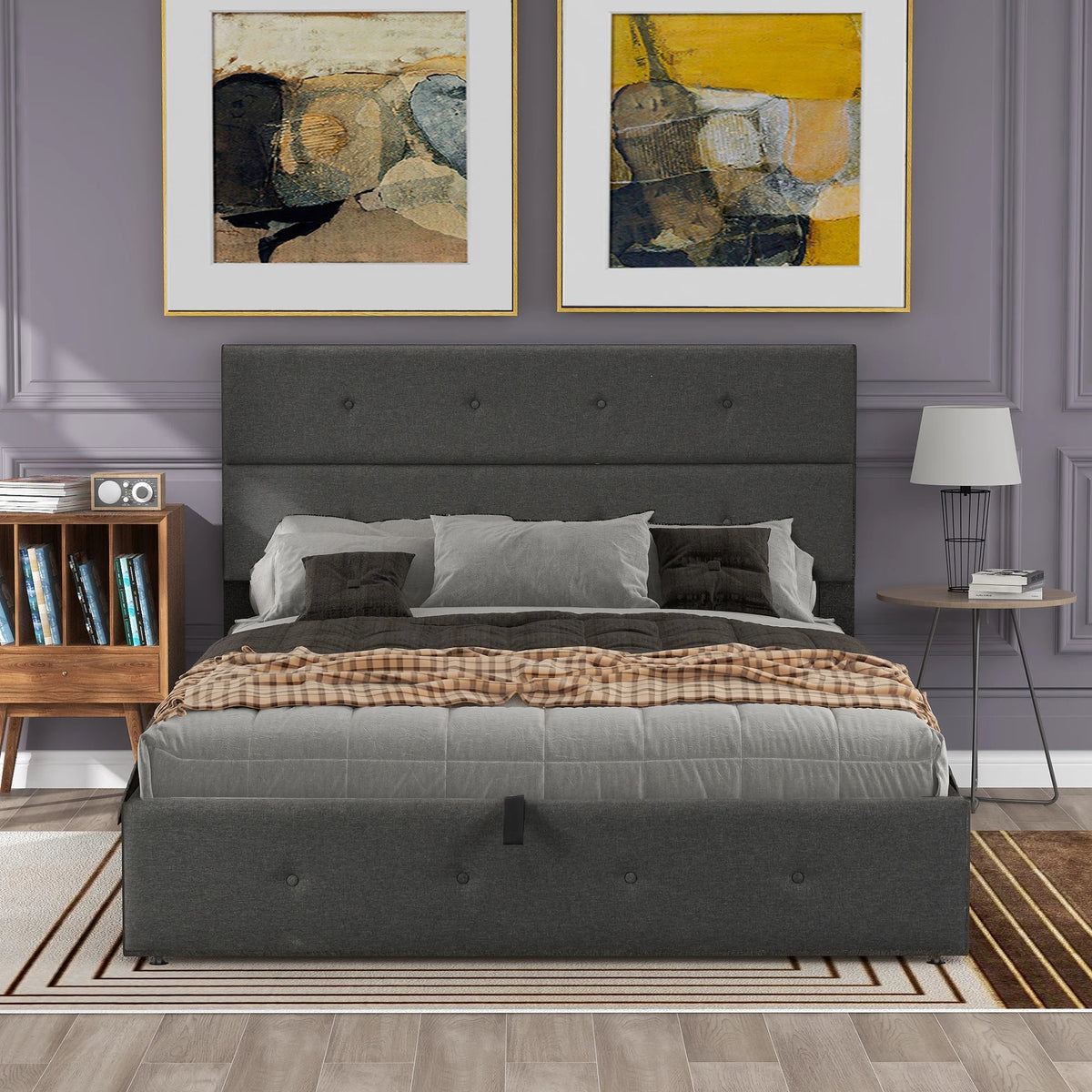 Gray Queen Size Upholstered Lift Up Platform Bed with Headboard and Underneath Storage Y52360