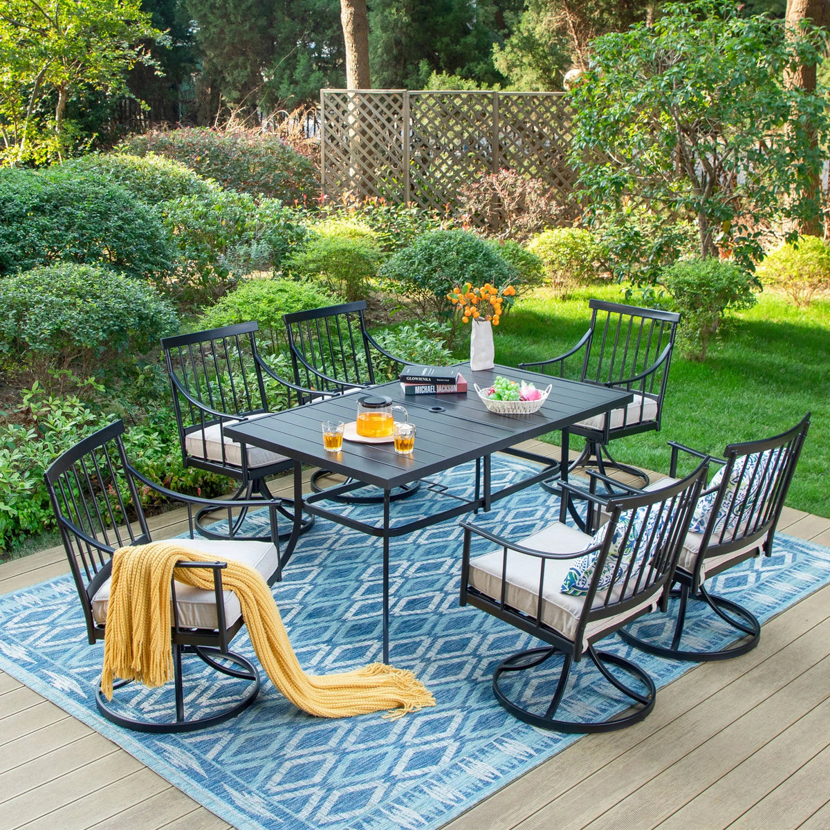 7-Piece Outdoor Dining Set with 6 Swivel Cushioned Chairs & Rectangular Table X4167