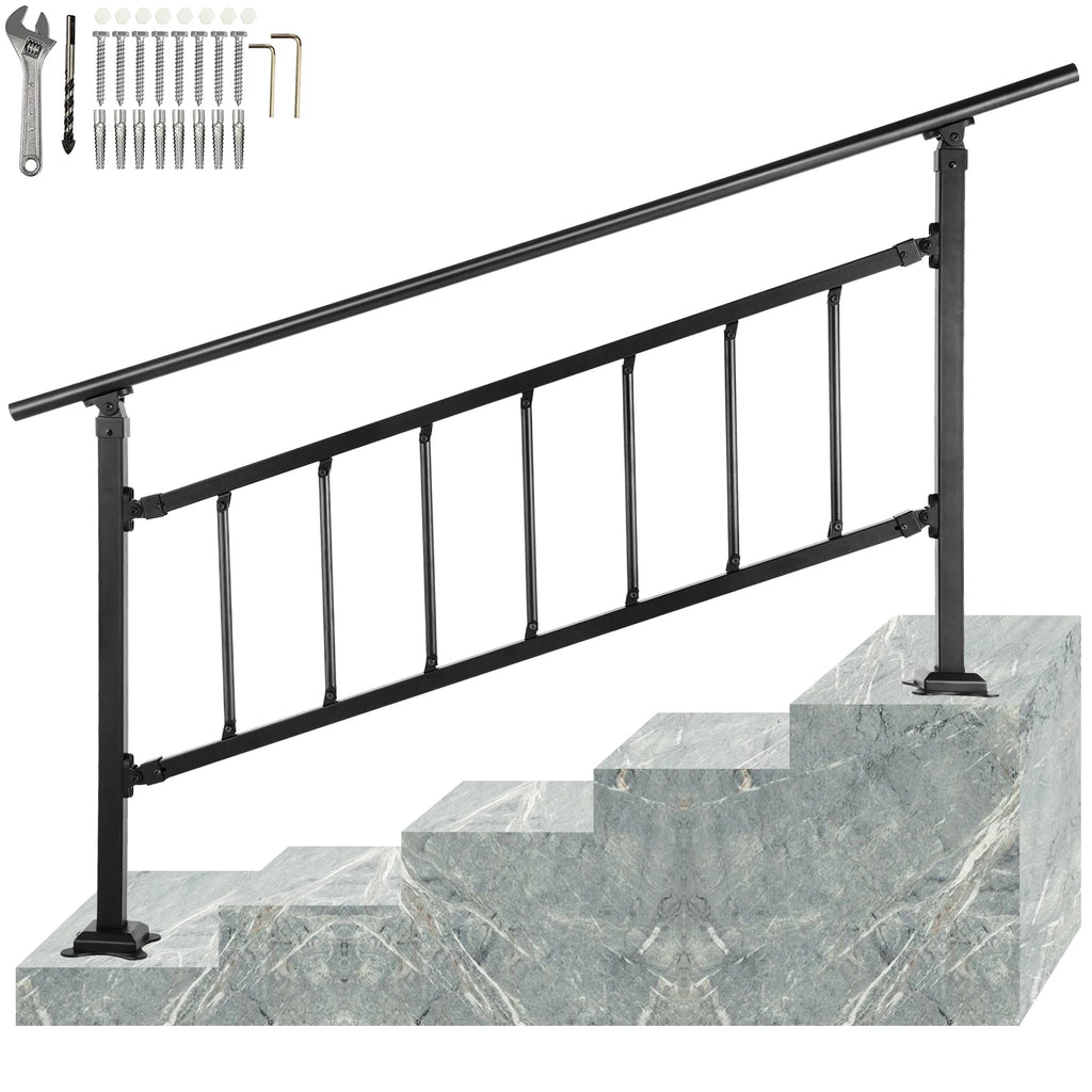 Outdoor Stair Handrail, Adjustable Wrought Iron, Matte Black B143998