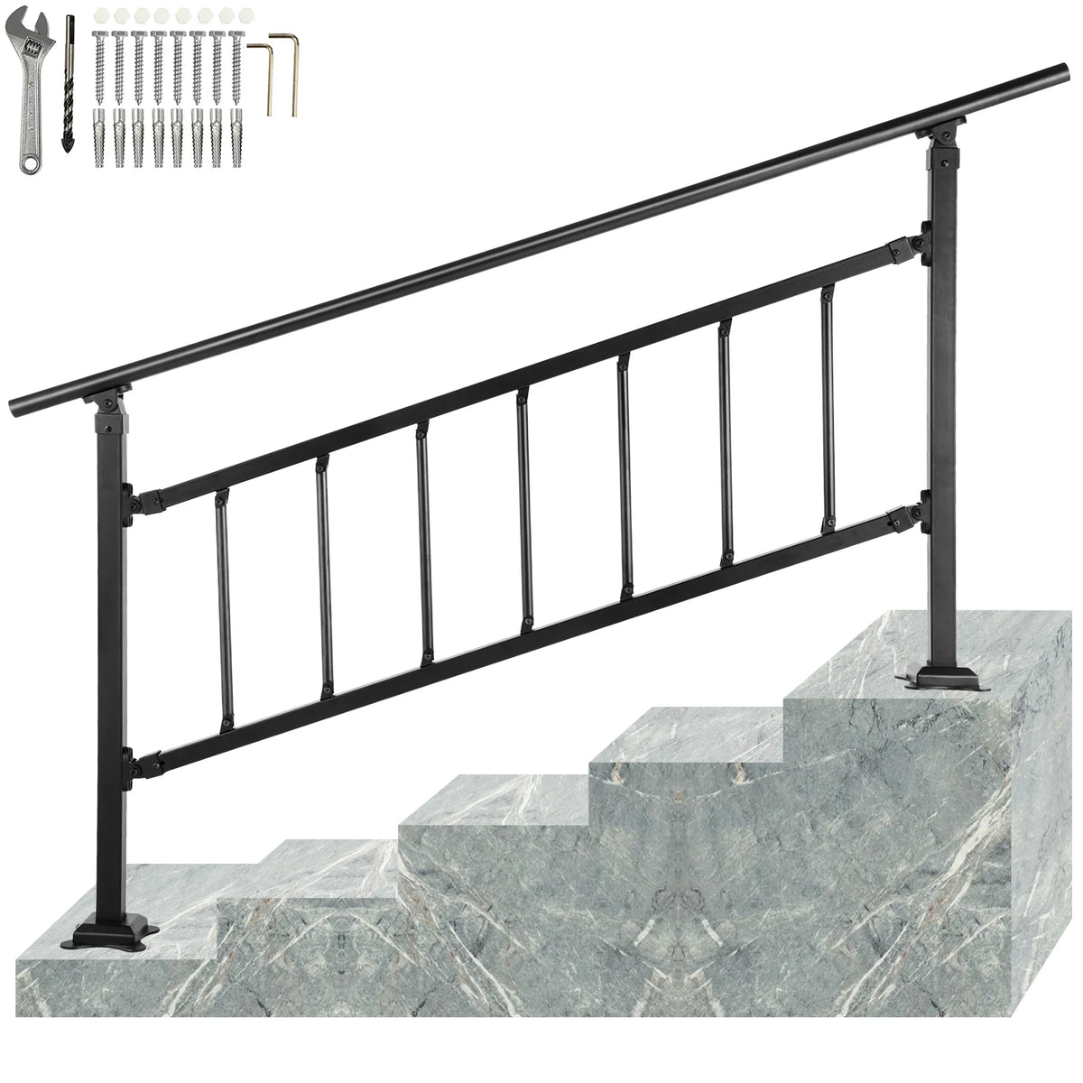 Outdoor Stair Handrail, Adjustable Wrought Iron, Matte Black B143998