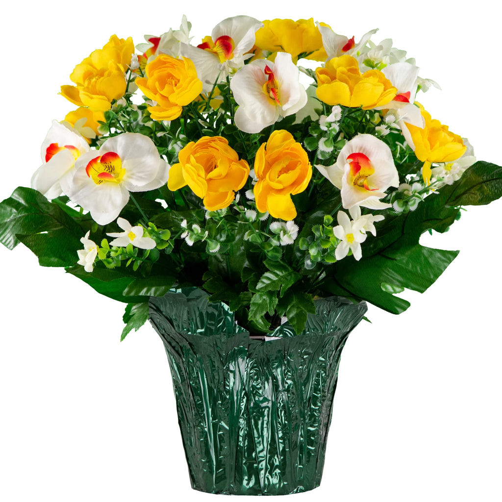 Artificial Yellow Cabbage Rose and White Orchids Flower Pot K48621