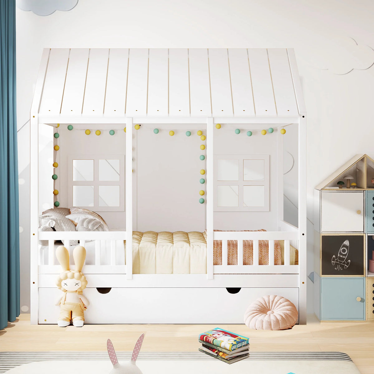 White Full Size House Bed with Twin Trundle I904