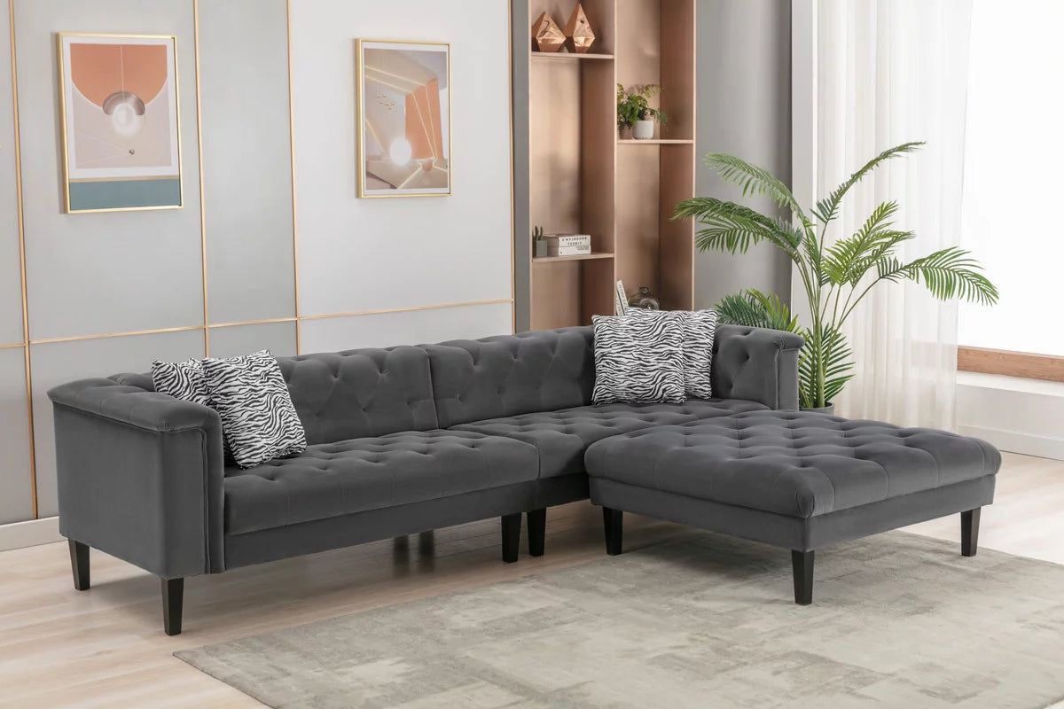 Dark Gray Velvet Tufted Sofa Ottoman Set with 4 Accent Pillows C850114