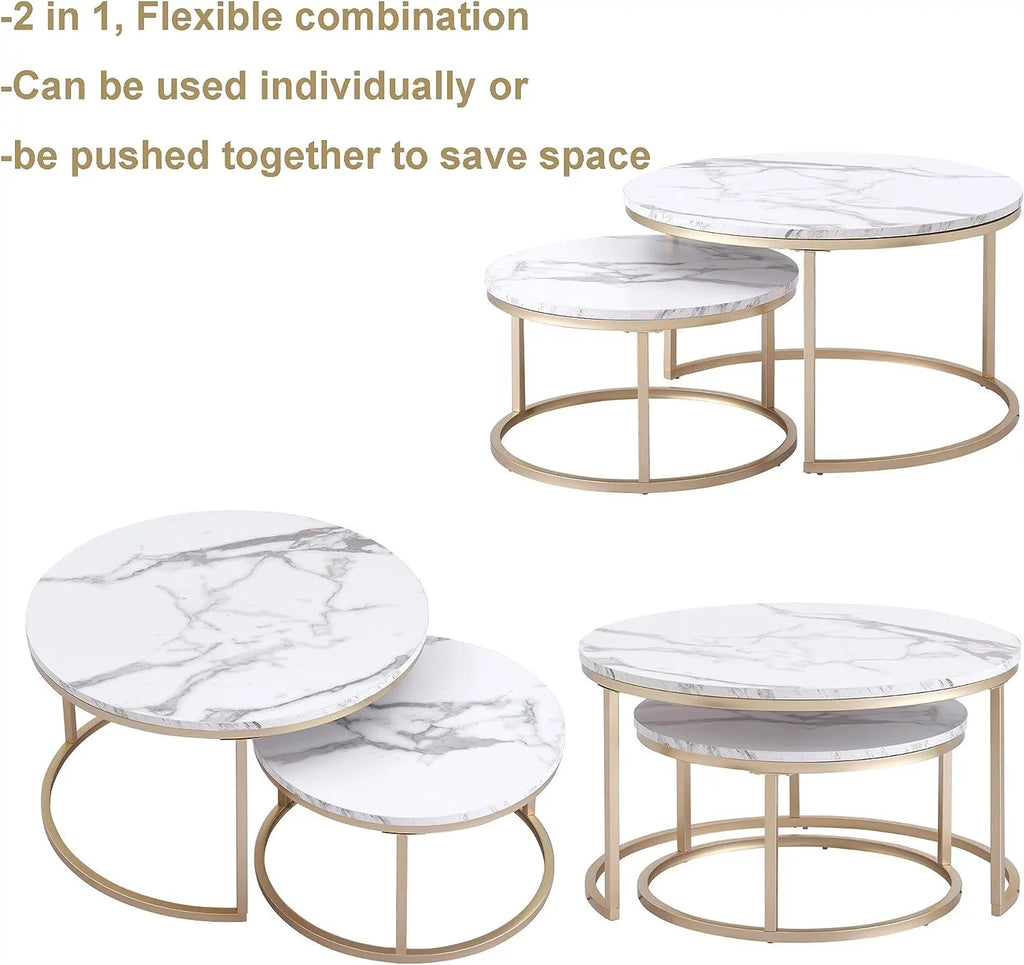 Round Nesting Coffee Tables Set of 2 Marble Black Metal V9914