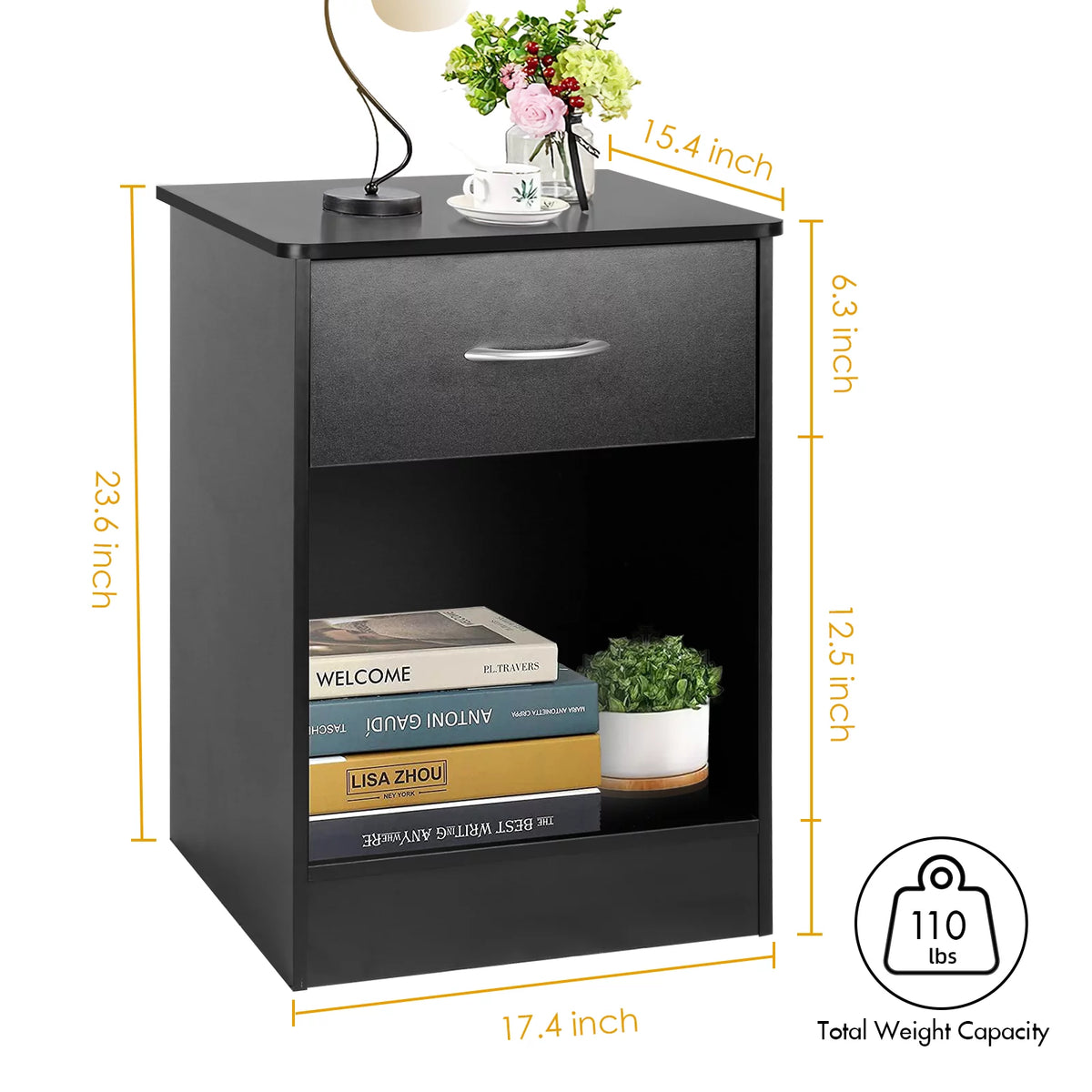 Black 2pcs Wood Nightstand with Drawer F89951