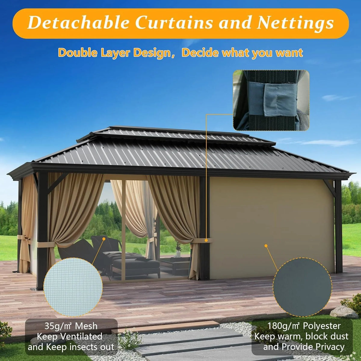 12x20 Aluminum Steel Hardtop Gazebo with Netting and Curtains W71928