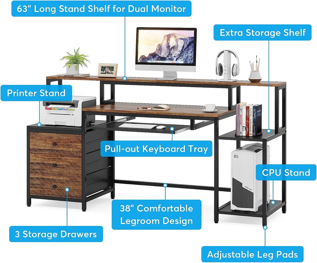 63 inches Computer Desk with 3 Drawers L43121