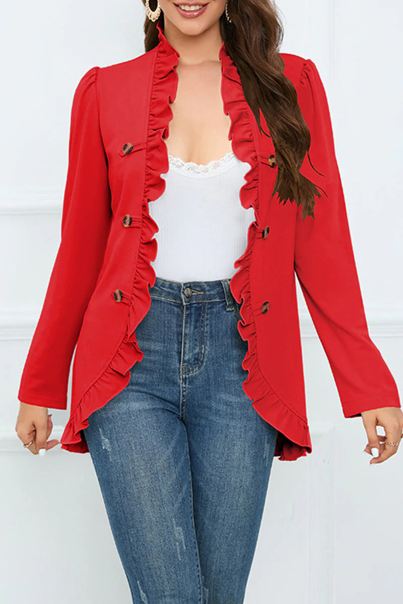 Solid Buckle Flounce Lotus Leaf Collar Outerwear H8598