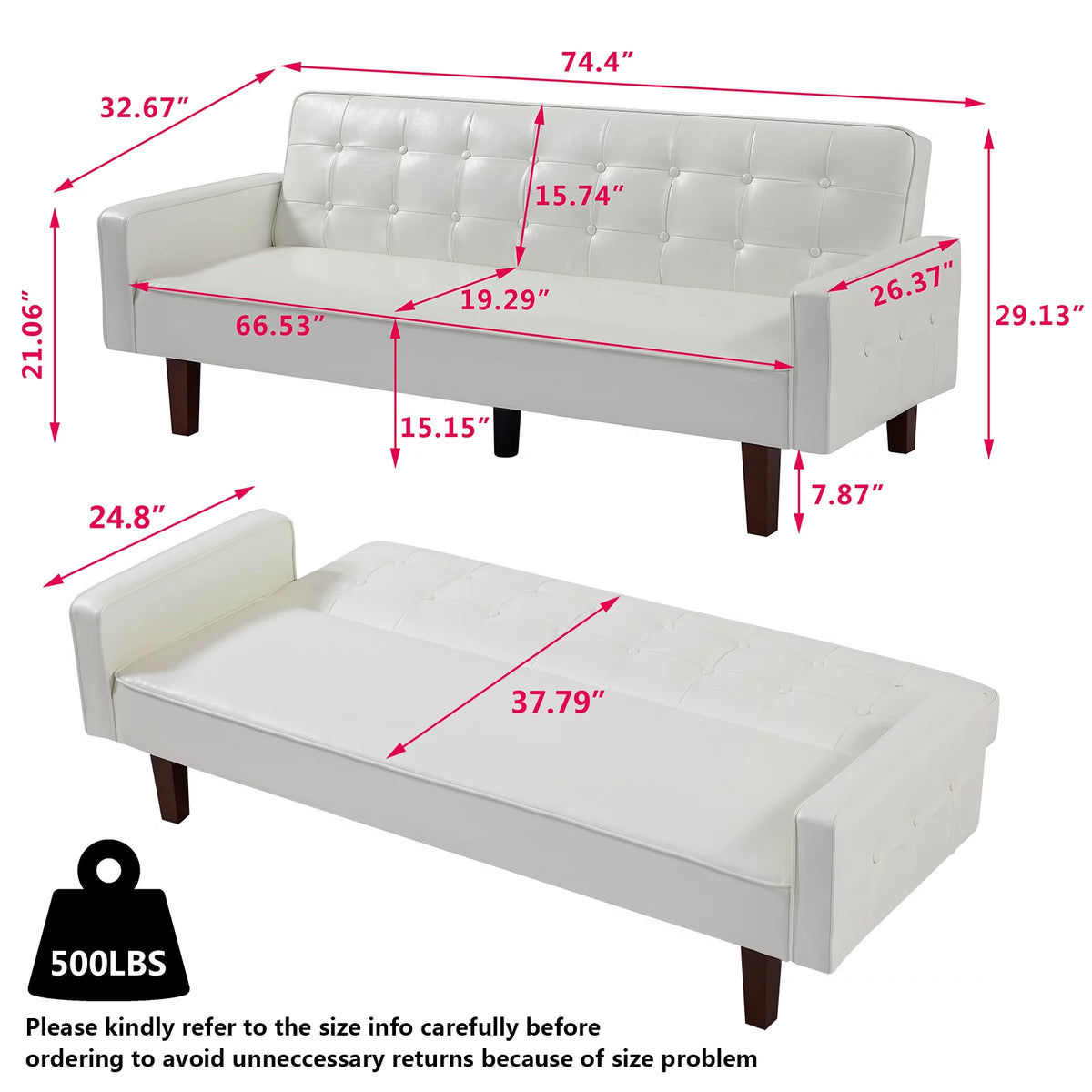 White Faux Leather Button Tufted Convertible Sleeper Sofa Bed N2725