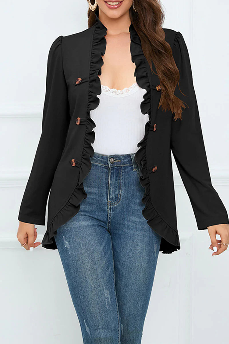 Solid Buckle Flounce Lotus Leaf Collar Outerwear H8598