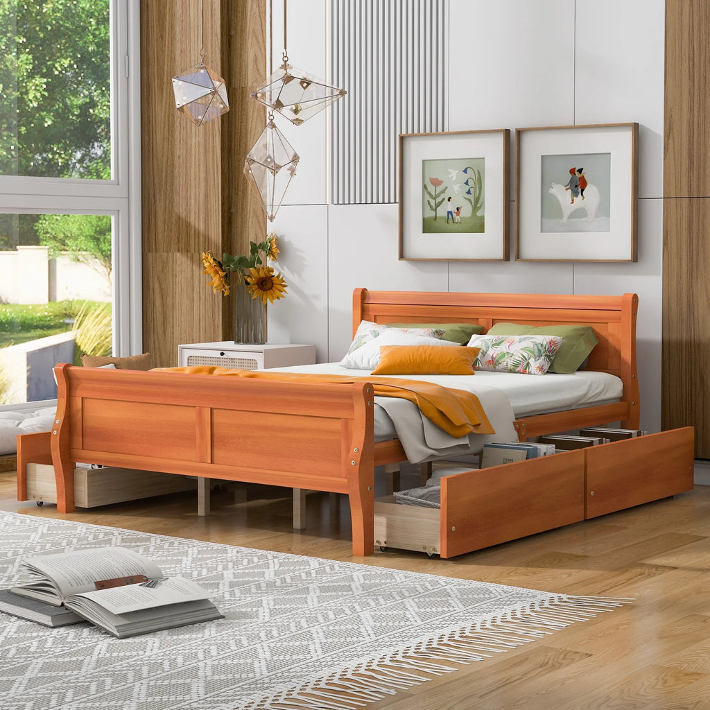 Queen Size Wood Platform Bed Frame with 4 Storage Drawers F909