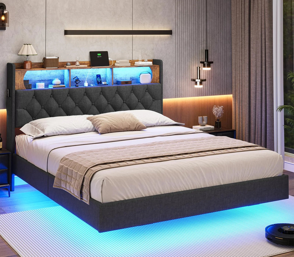 Full Size Floating Bed Frame with Charging Station and LED Lights C83682