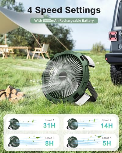 Camping Fan with LED Lantern, 8000mAh Rechargeable Battery Powered Tent Fan with Remote, 4 Speed D97836