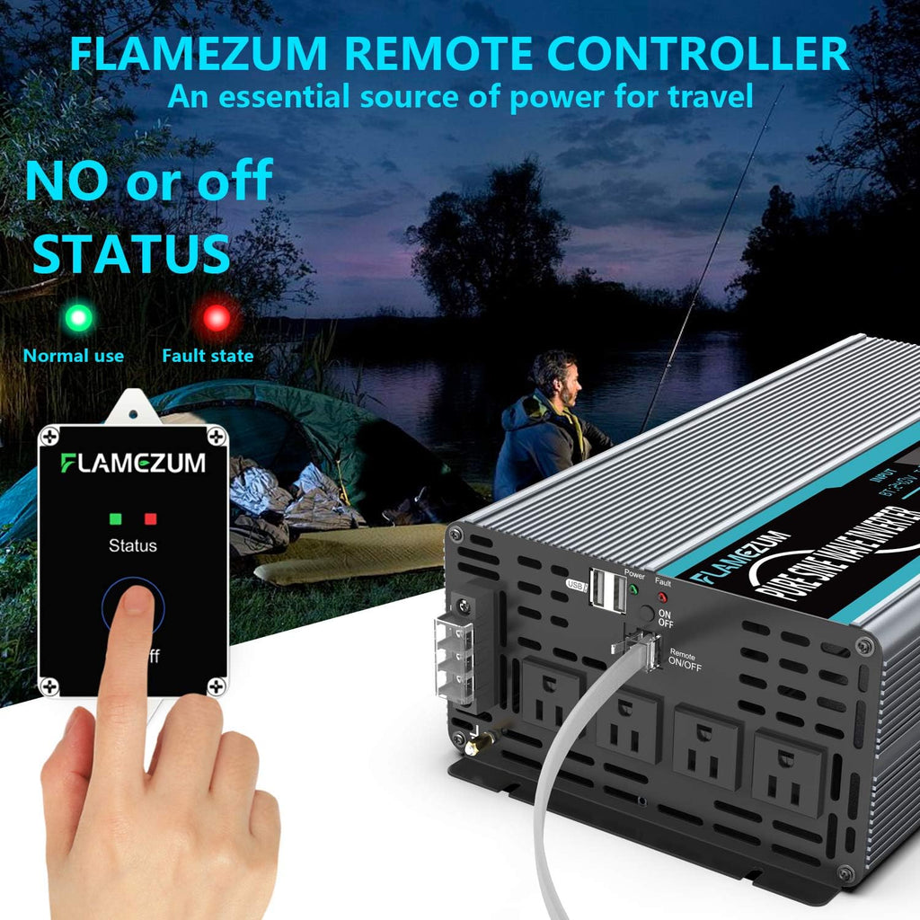 Pure Sine Wave Power Inverter 4000Watt 12V DC to AC 110V with Remote Control 4 AC Outlets Dual USB Port W190378