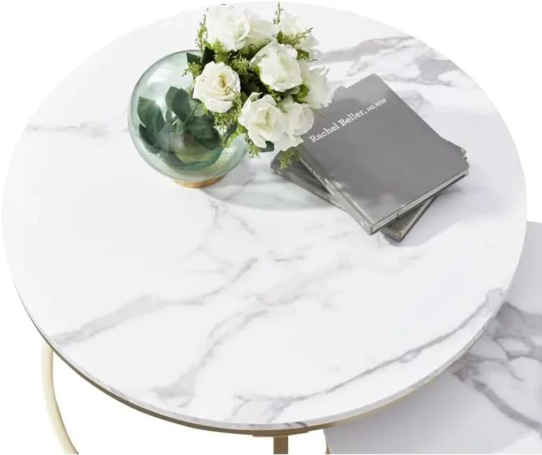 Round Nesting Coffee Tables Set of 2 Marble Black Metal V9914