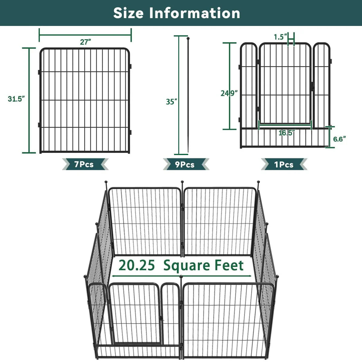 8 Panel Black Metal Garden Fence with Gate U7223