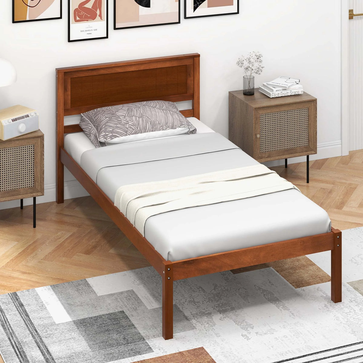 Twin Size Wooden Platform Bed Frame with Headboard F4348