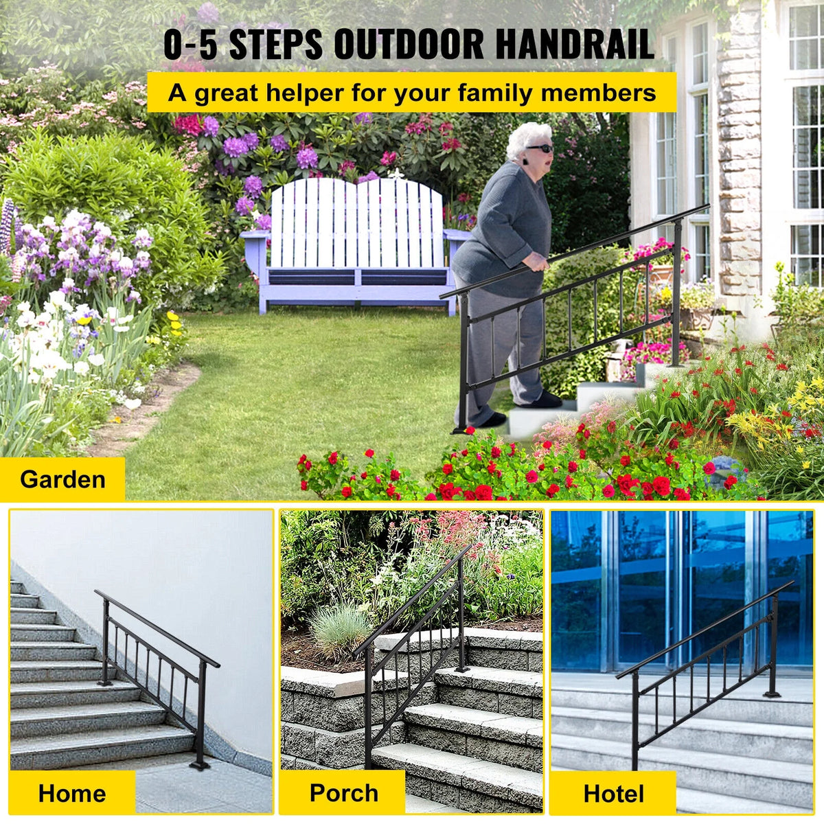 Outdoor Stair Handrail, Adjustable Wrought Iron, Matte Black B143998