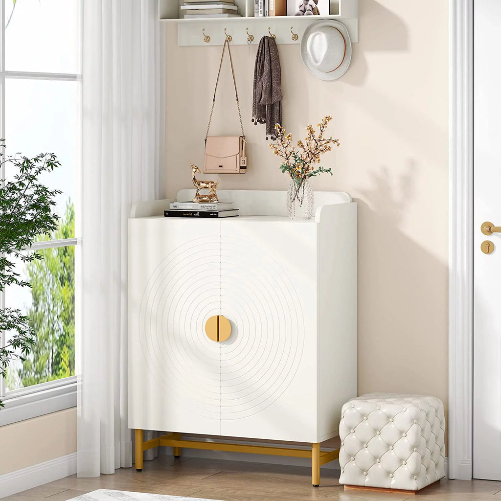 White Wood Shoe Storage Cabinet with Doors and Adjustable Shelves V6435