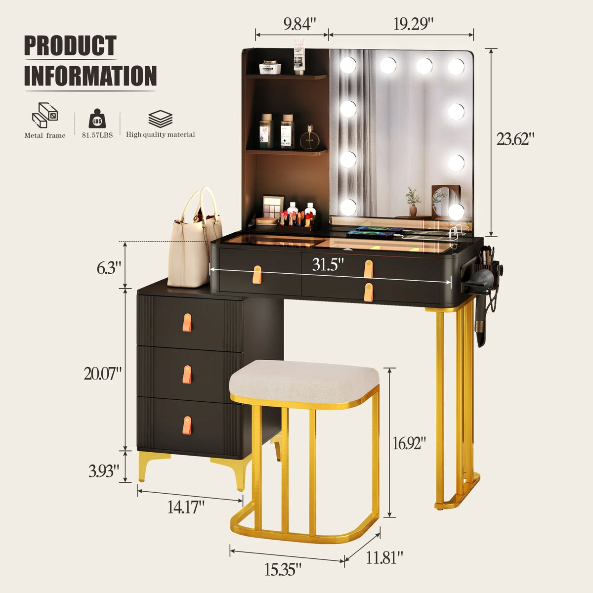 Black Makeup Vanity Desk Set with Mirror and Led Lights R44632