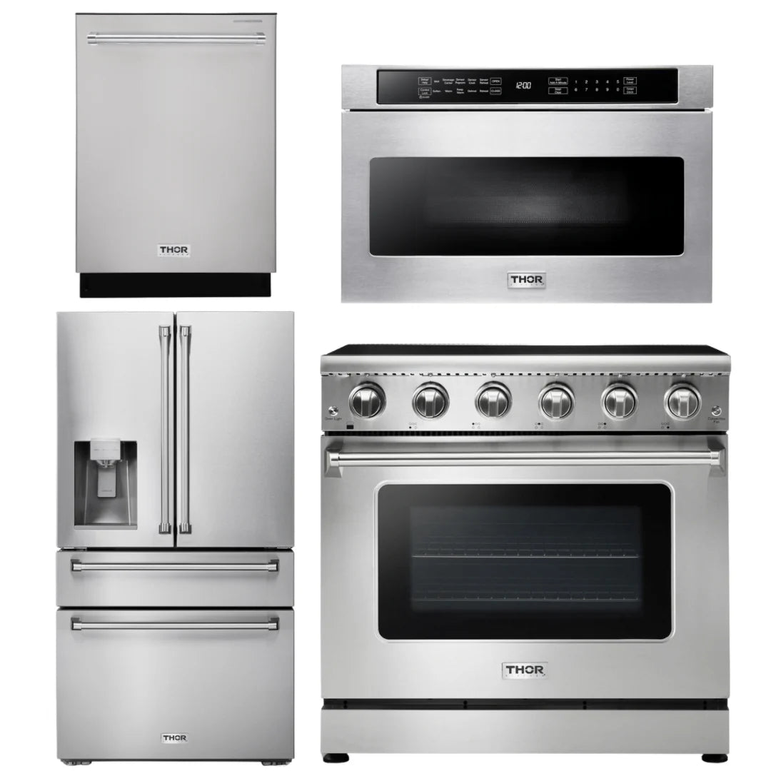 36 Electric Range, Microwave, Refrigerator with Water and Ice Dispenser, Dishwasher W4656