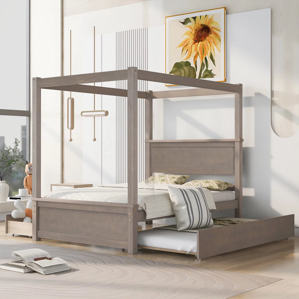 Full Size White Wood Canopy Platform Bed with Trundle Y580