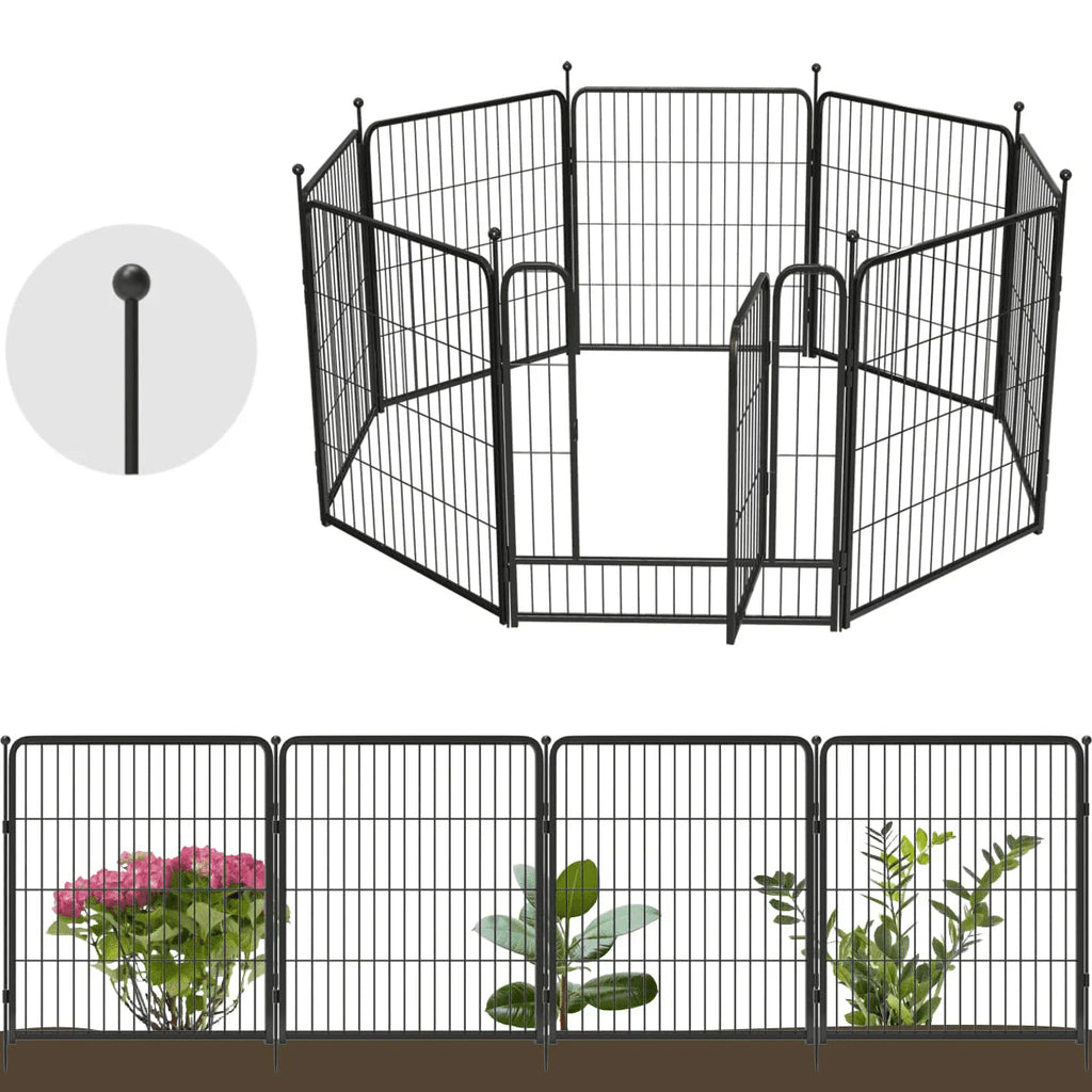 8 Panel Black Metal Garden Fence with Gate U7223