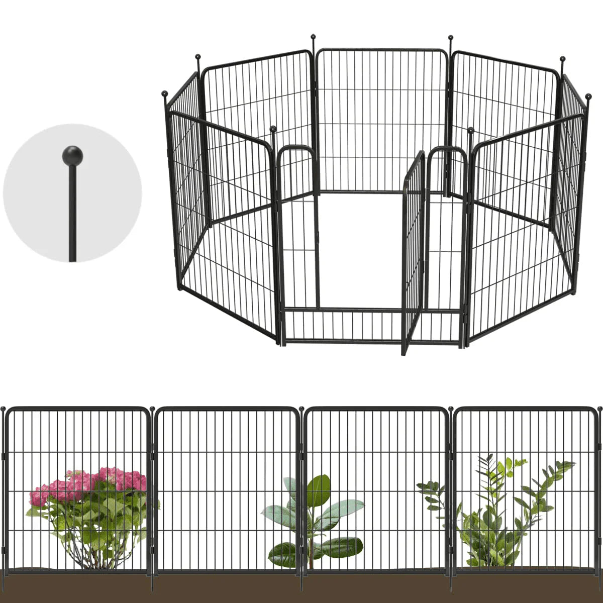 8 Panel Black Metal Garden Fence with Gate U7223