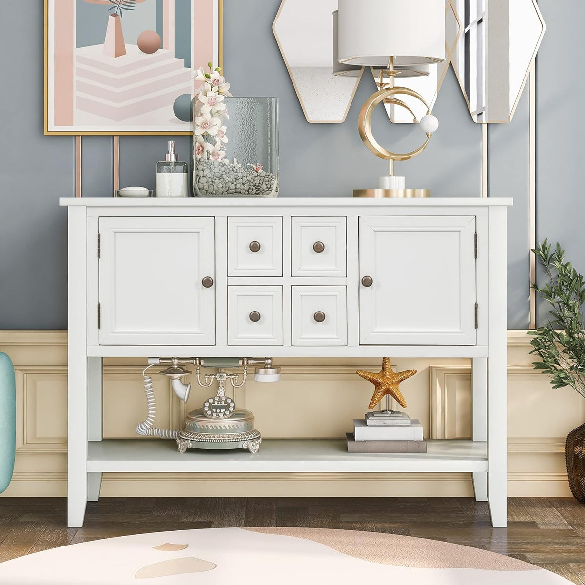 Solid Wood Console Table with 3 Drawers, 2 Cabinet and 1 Shelf H172