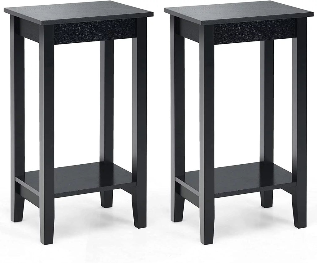 Black 2-Tier End Table Set of 2 with Wooden Legs W48724