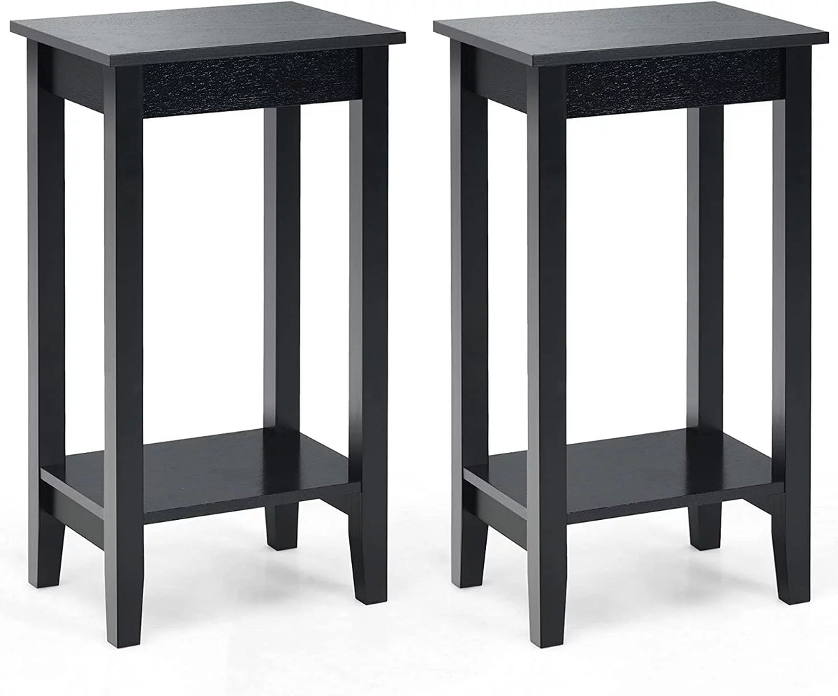 Black 2-Tier End Table Set of 2 with Wooden Legs W48724