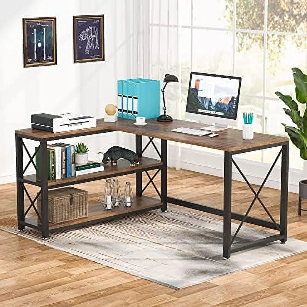 Reversible L-Shaped Corner Computer Desk with Shelves V910872