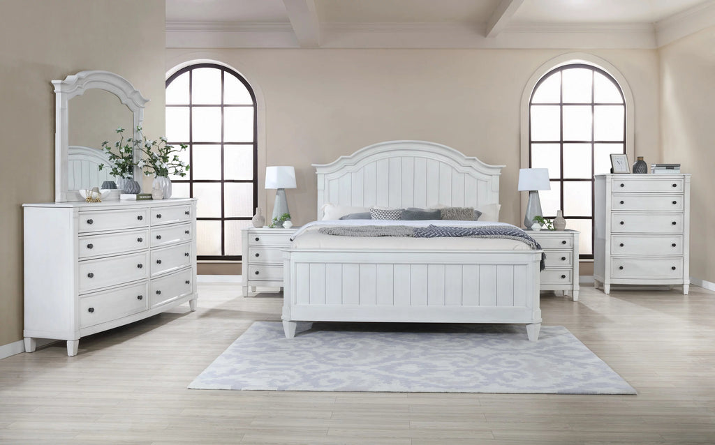 Wood King Bed with Dresser, Mirror, Two Nightstands, and Chest T7058