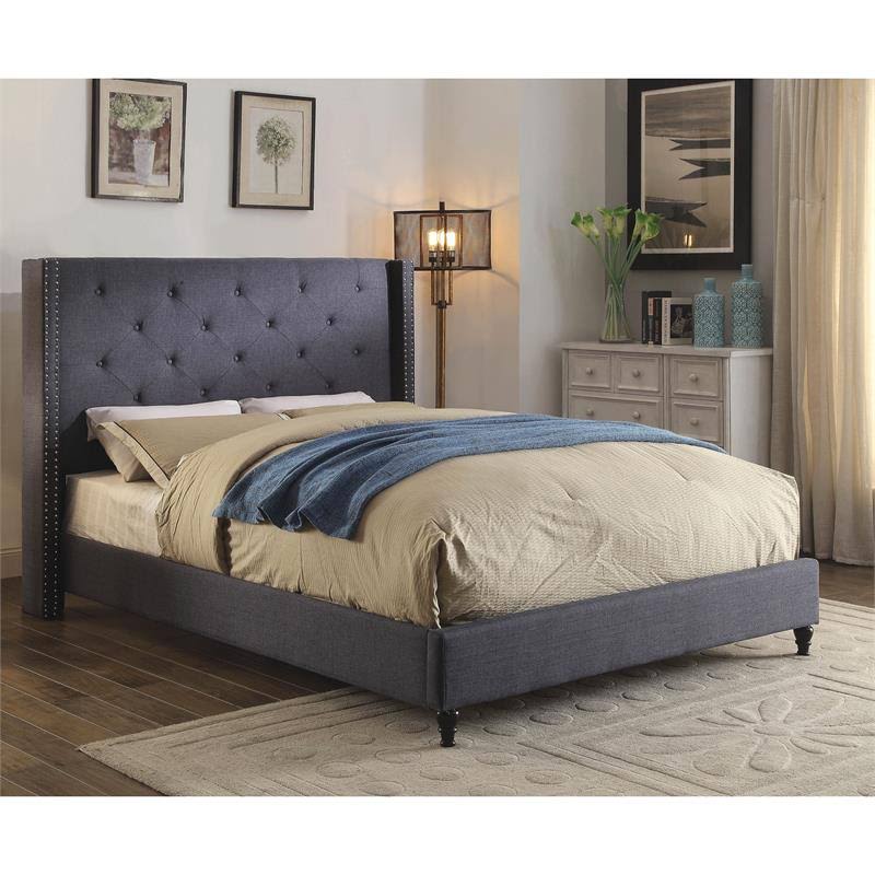 Blue Fabric and Wood Wingback California King Bed V64333