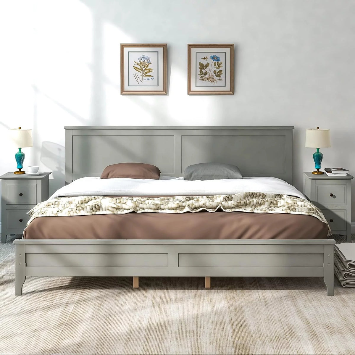 Gray Solid Wood Platform Bed Frame with Headboard F94418