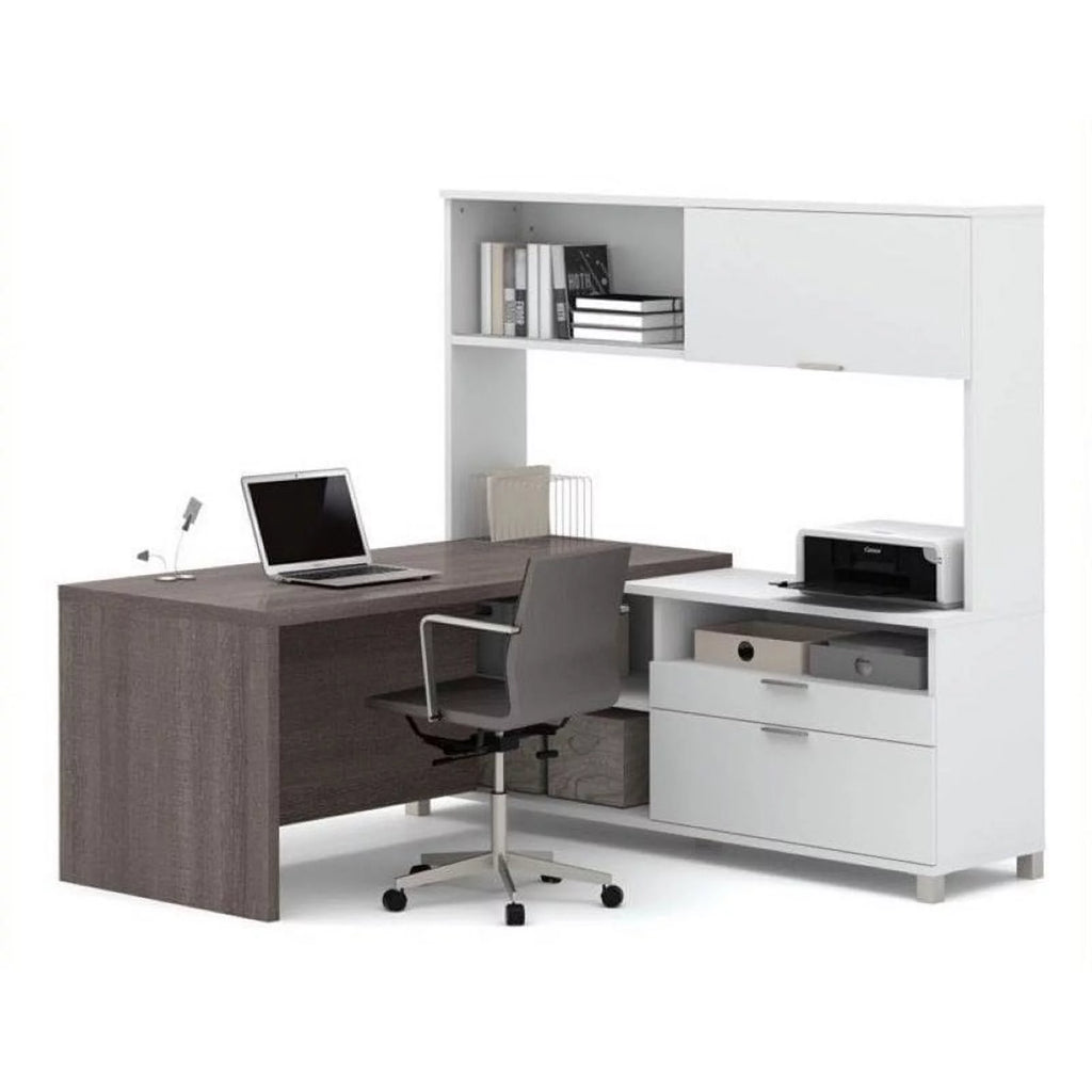 L-Desk with Hutch in White and Bark Gray M249